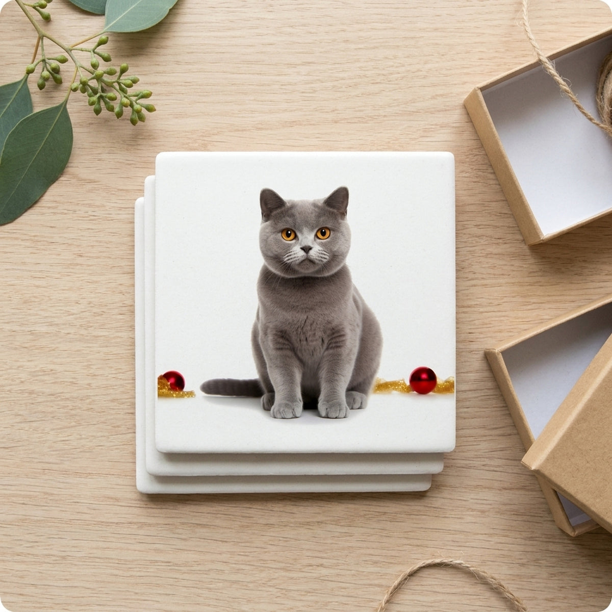 Chartreux Cat ceramic coasters set of 4, gift set