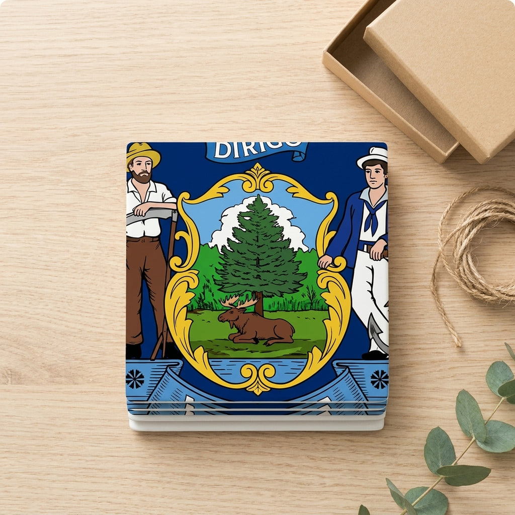 Maine State Flag ceramic coasters set of 4, gift set