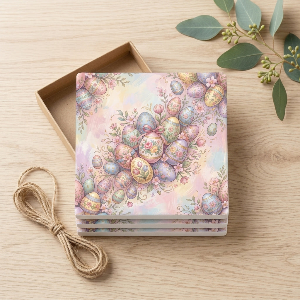 Easter Pastel Eggs ceramic coasters set of 4, gift set
