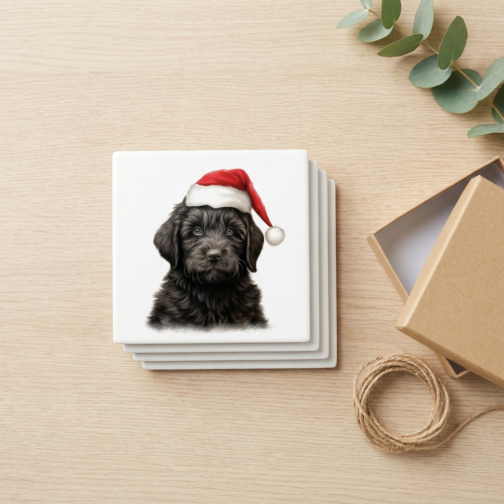 Black Russian Terrier Puppy Drawing ceramic coasters set of 4, gift set