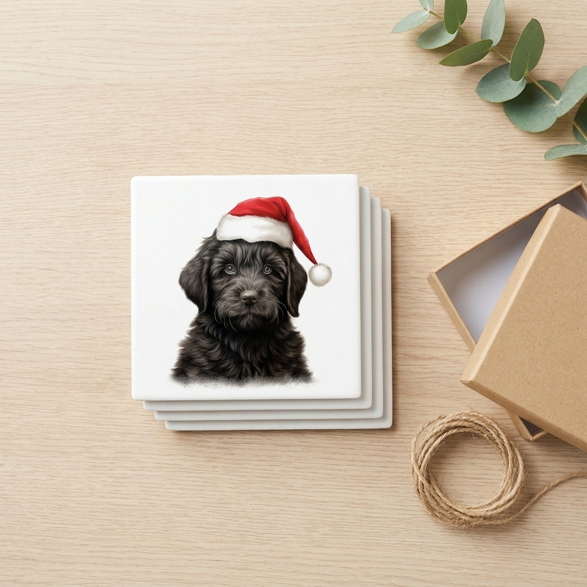 Black Russian Terrier Puppy Drawing ceramic coasters set of 4, gift set