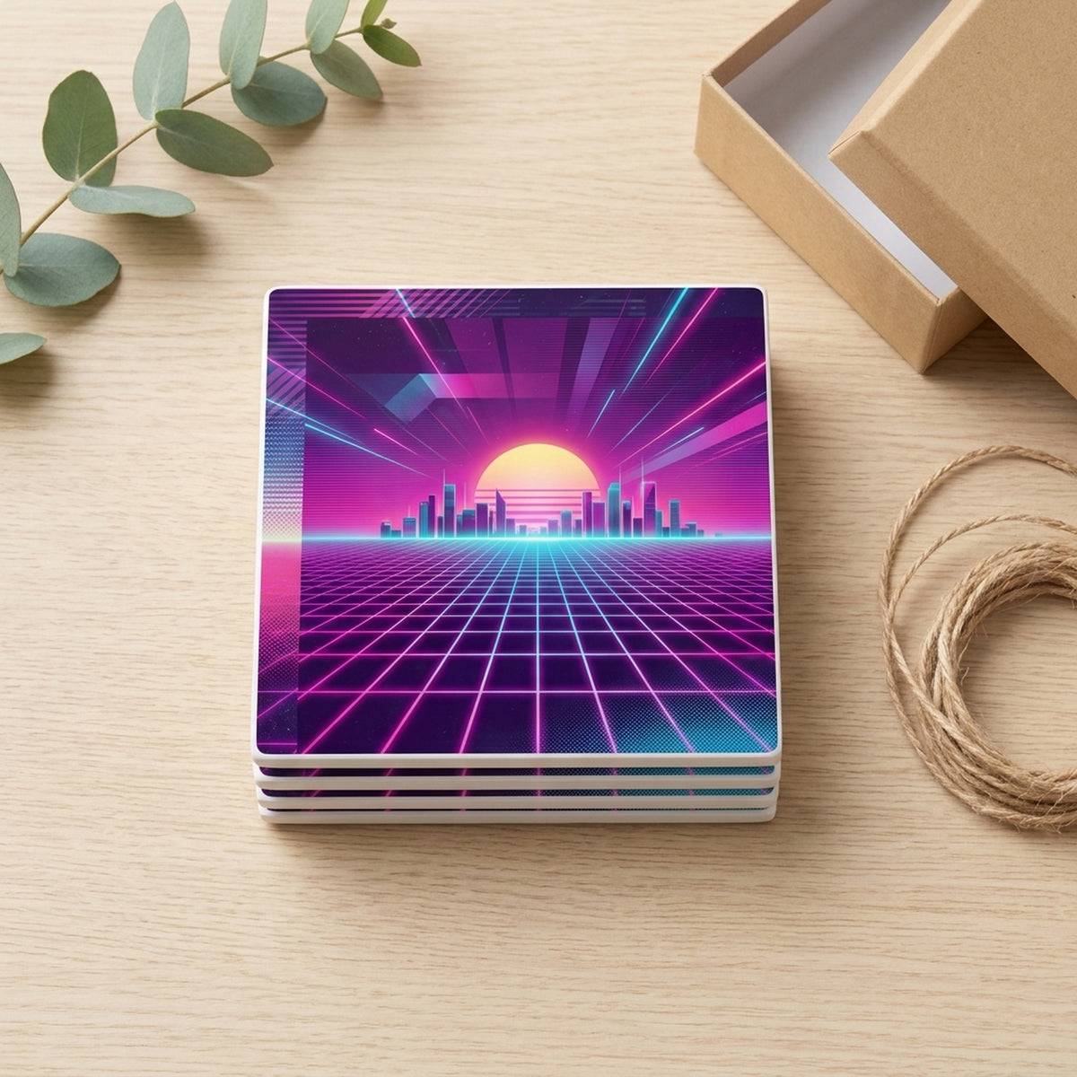 80s Neon Grid ceramic coasters set of 4, gift set