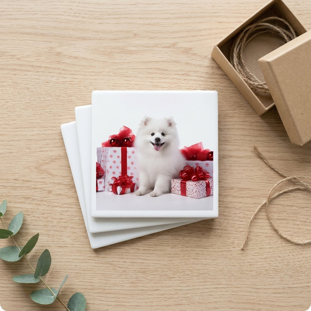 American Eskimo Dog Puppy ceramic coasters set of 4, gift set