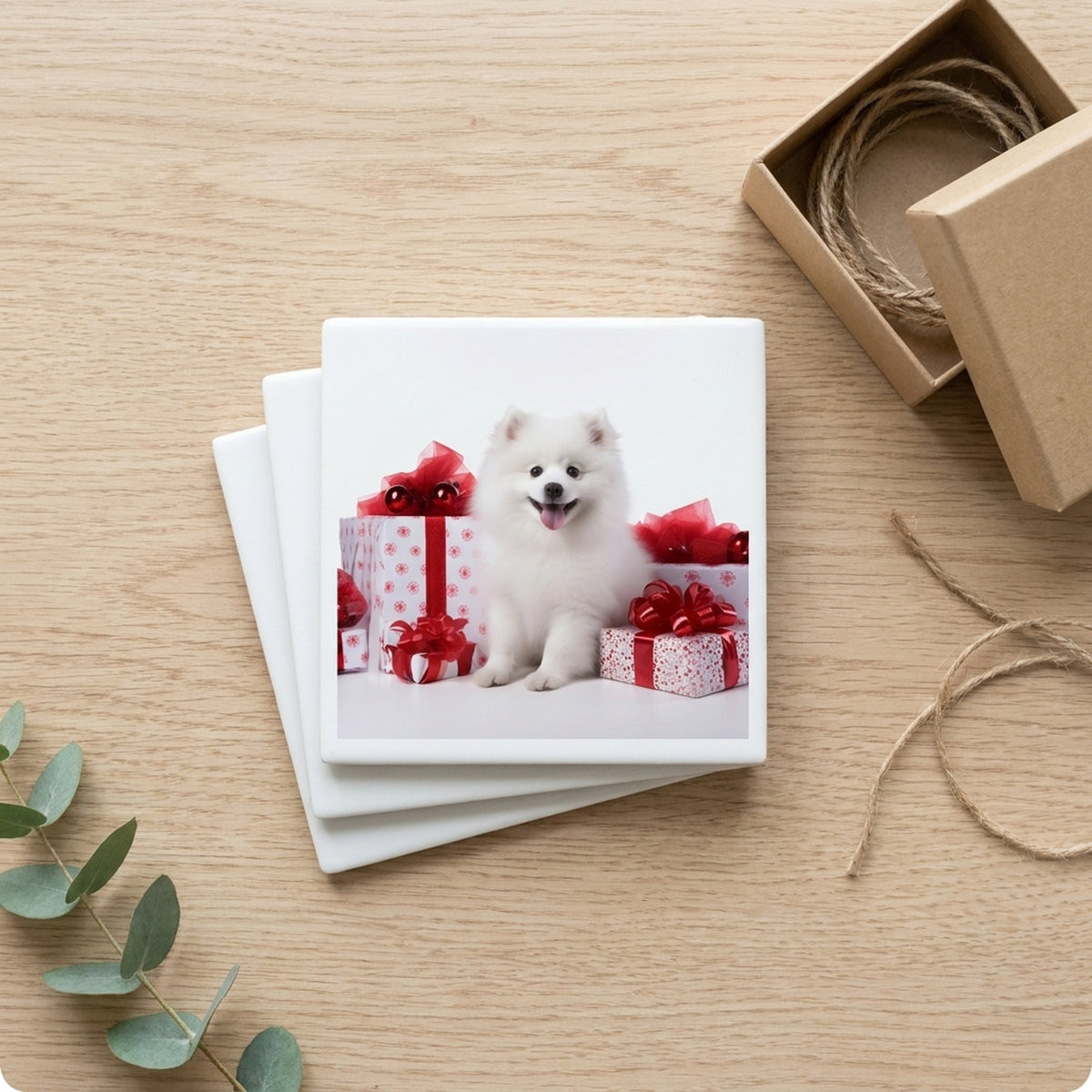 American Eskimo Dog Puppy ceramic coasters set of 4, gift set
