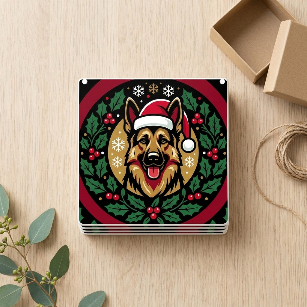German Shepherd Christmas Ornament Art ceramic coasters set of 4, gift set