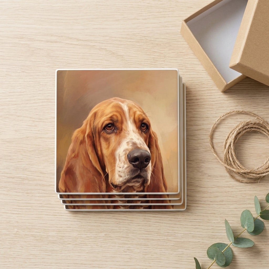Basset Hound Portrait ceramic coasters set of 4, gift set