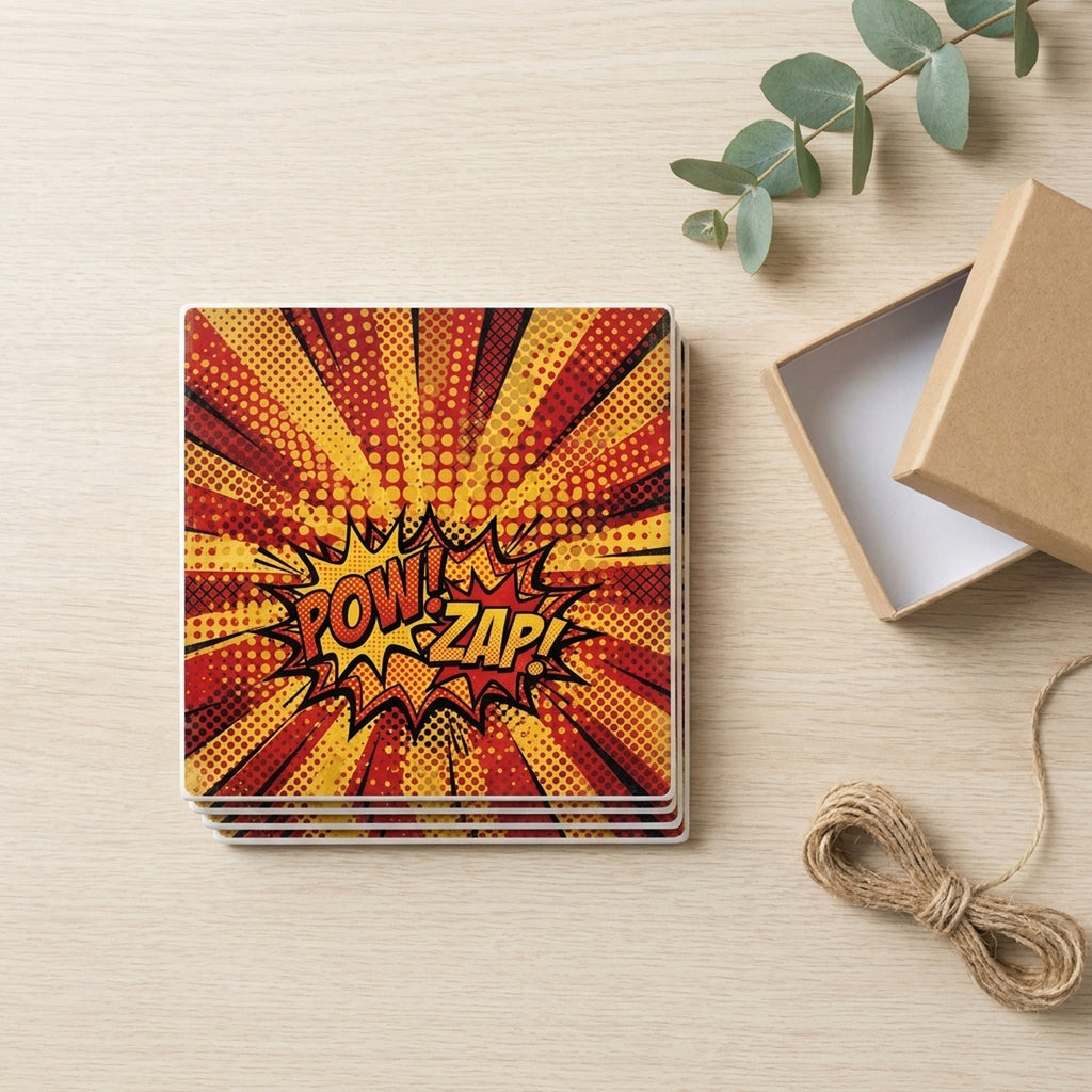 Pop Art Comic Dots ceramic coasters set of 4, gift set
