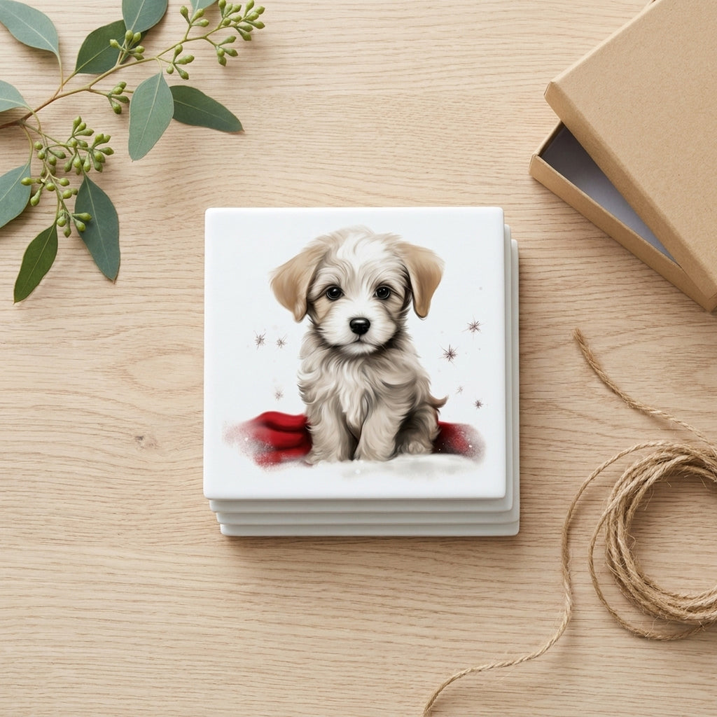 Dandie Dinmont Terrier Puppy Drawing ceramic coasters set of 4, gift set