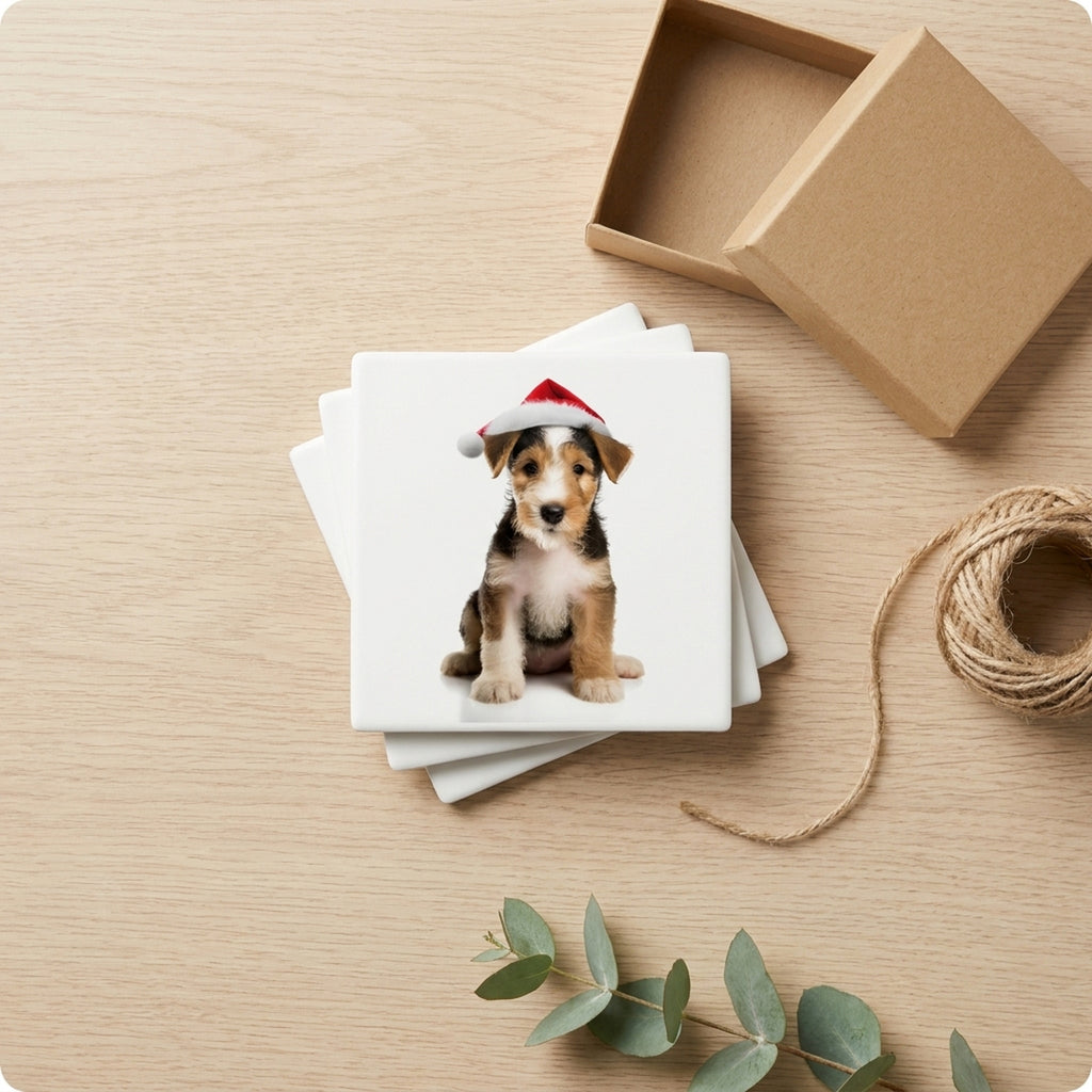 Wire Fox Terrier Puppy ceramic coasters set of 4, gift set