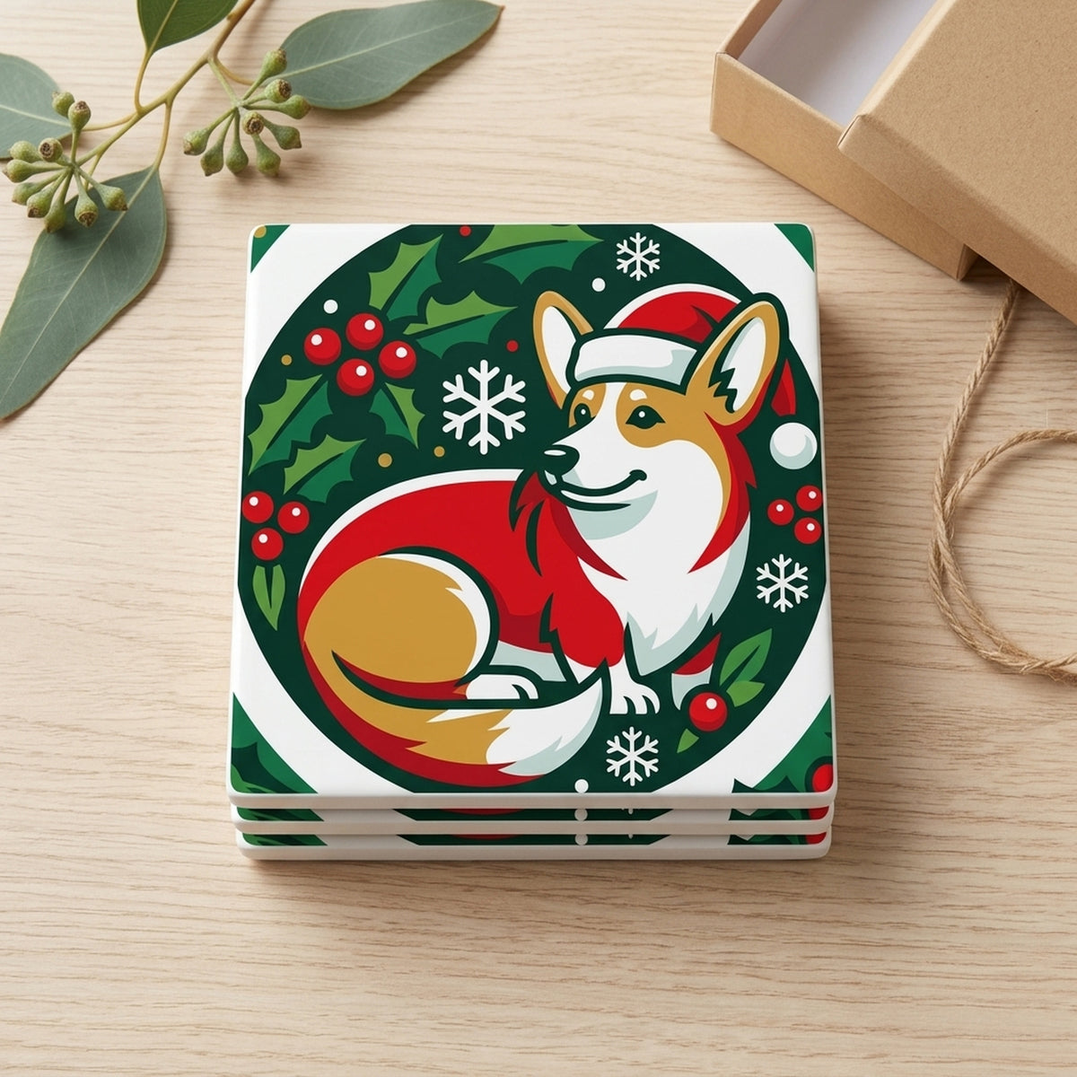 Corgi Christmas Ornament Art ceramic coasters set of 4, gift set