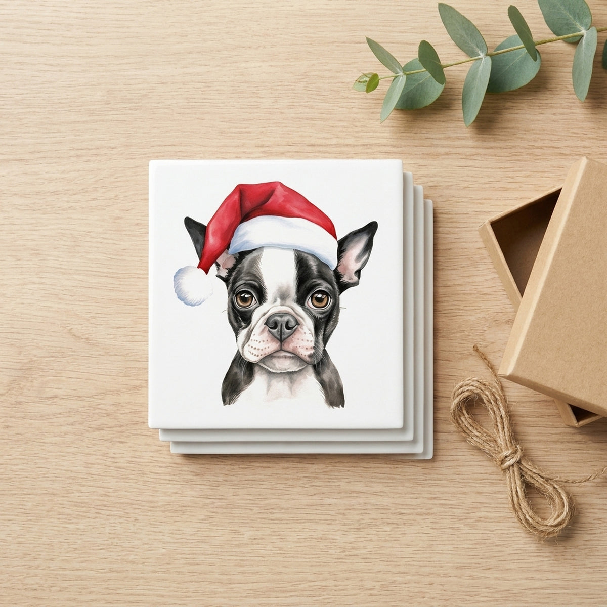 Boston Terrier Puppy Drawing ceramic coasters set of 4, gift set