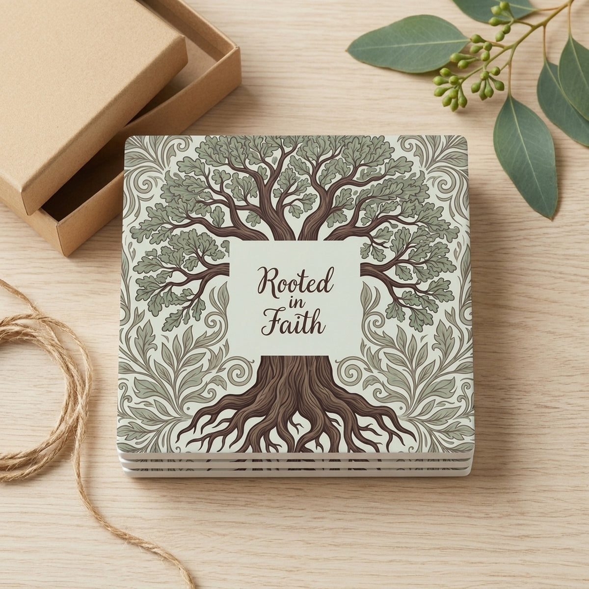 Rooted In Faith Tree ceramic coasters set of 4, gift set