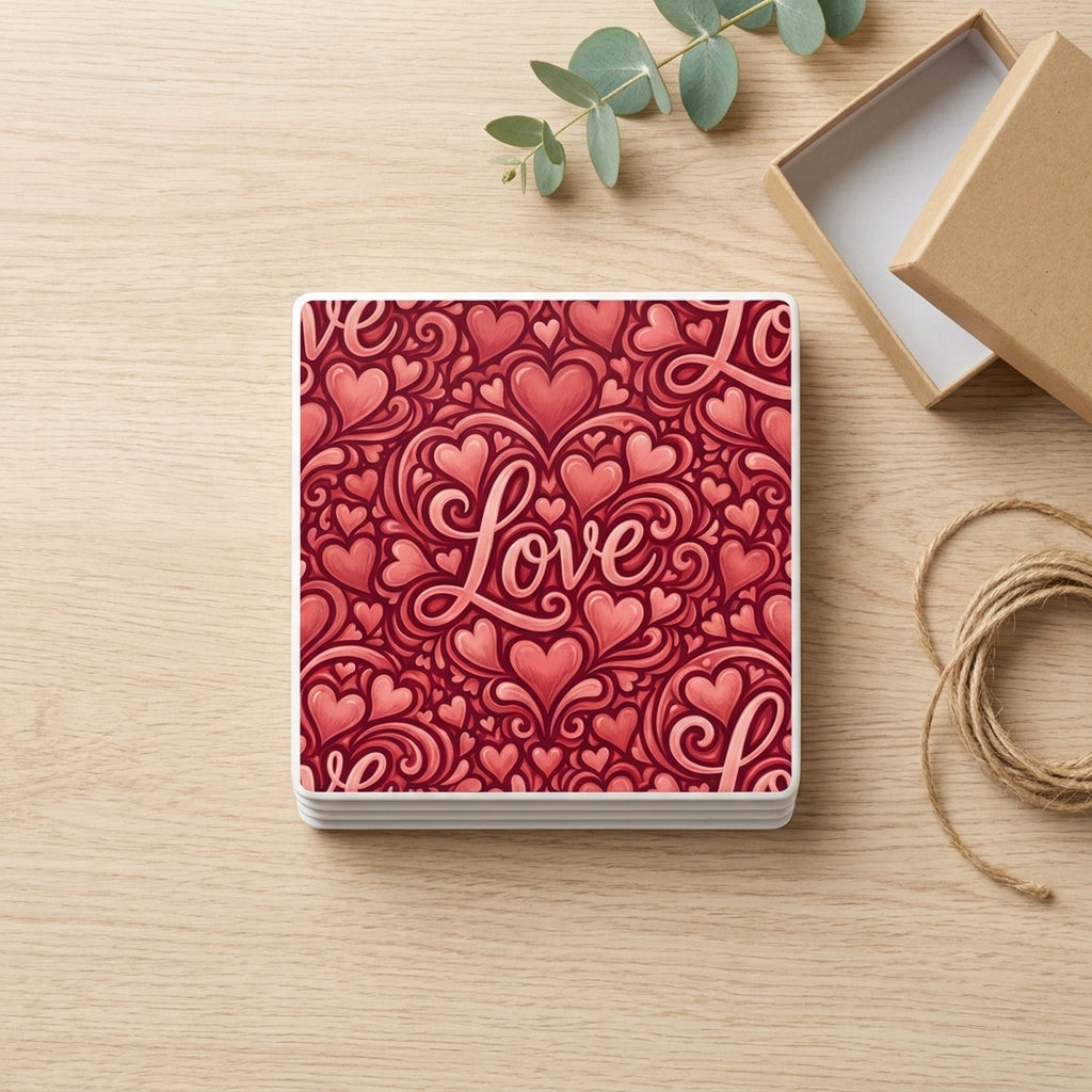 Love Script Hearts ceramic coasters set of 4, gift set