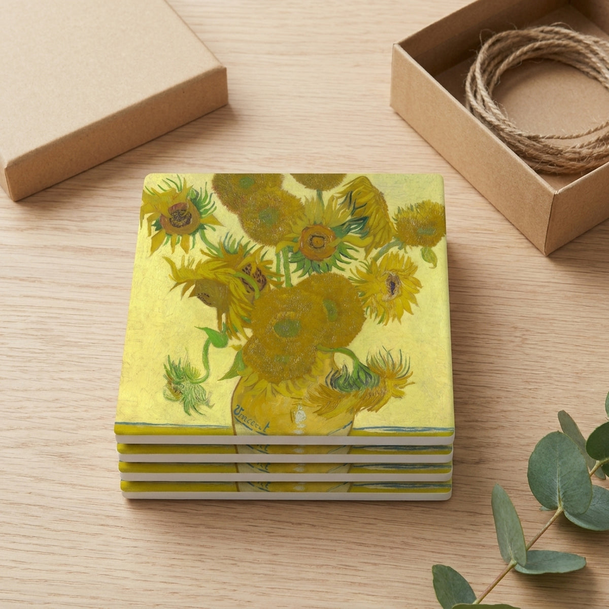 Van Gogh Sunflowers ceramic coasters set of 4, gift set