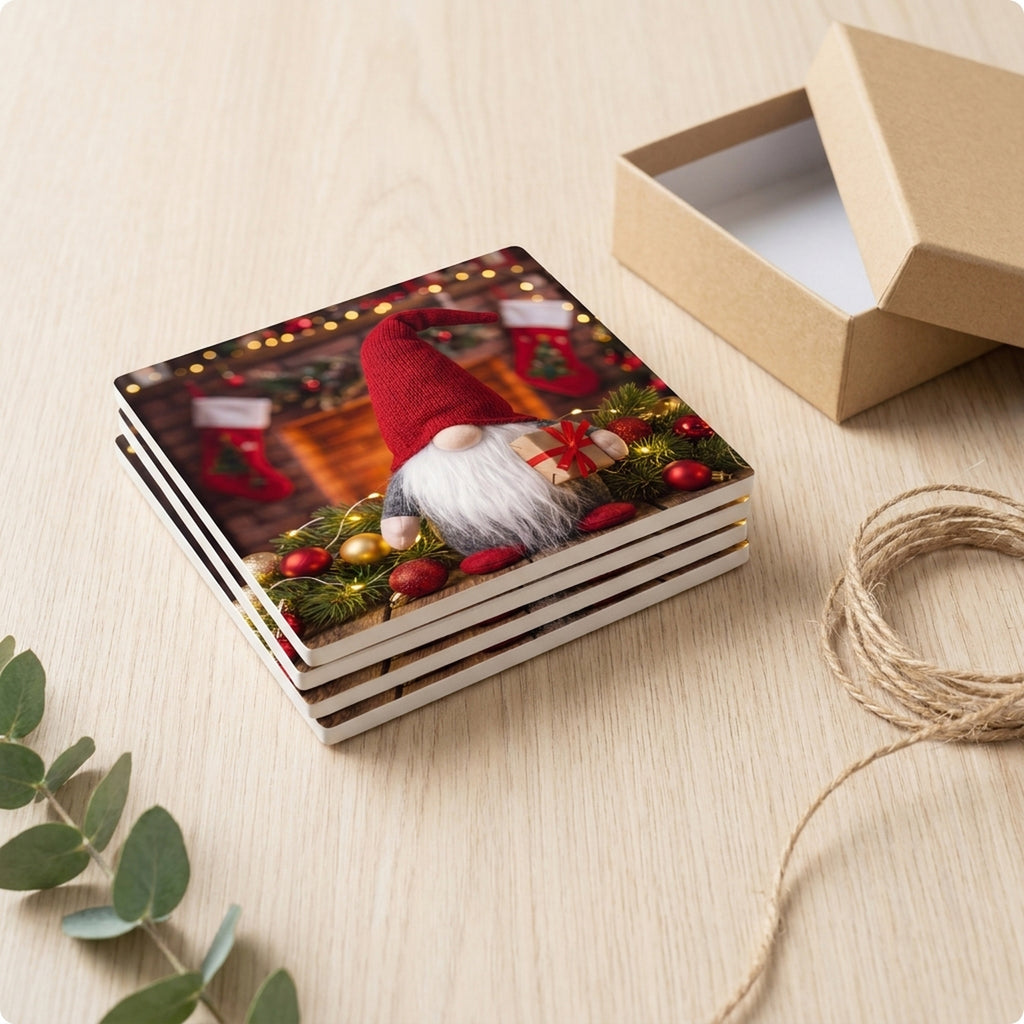 Holiday Gnome ceramic coasters set of 4, gift set
