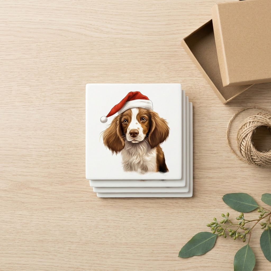Welsh Springer Spaniel Puppy Drawing ceramic coasters set of 4, gift set