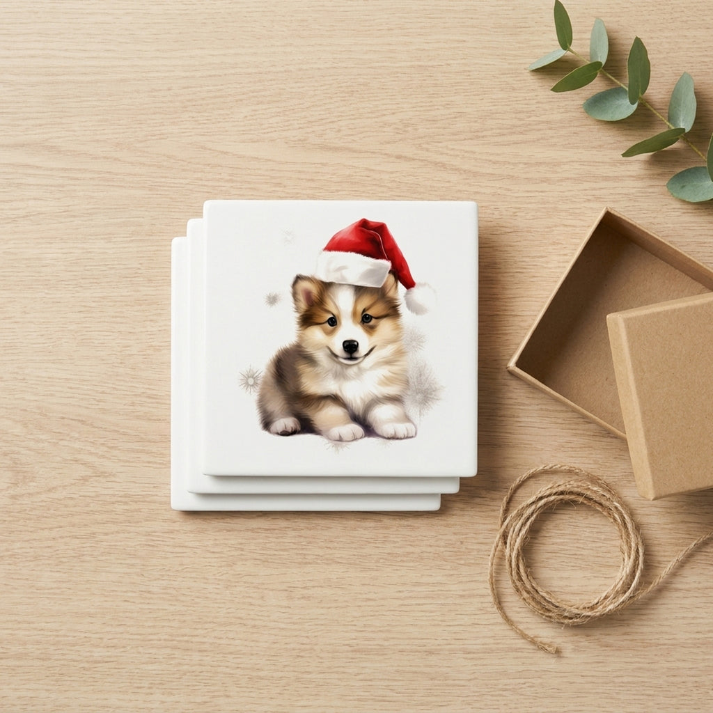 Icelandic Sheepdog Puppy Drawing ceramic coasters set of 4, gift set