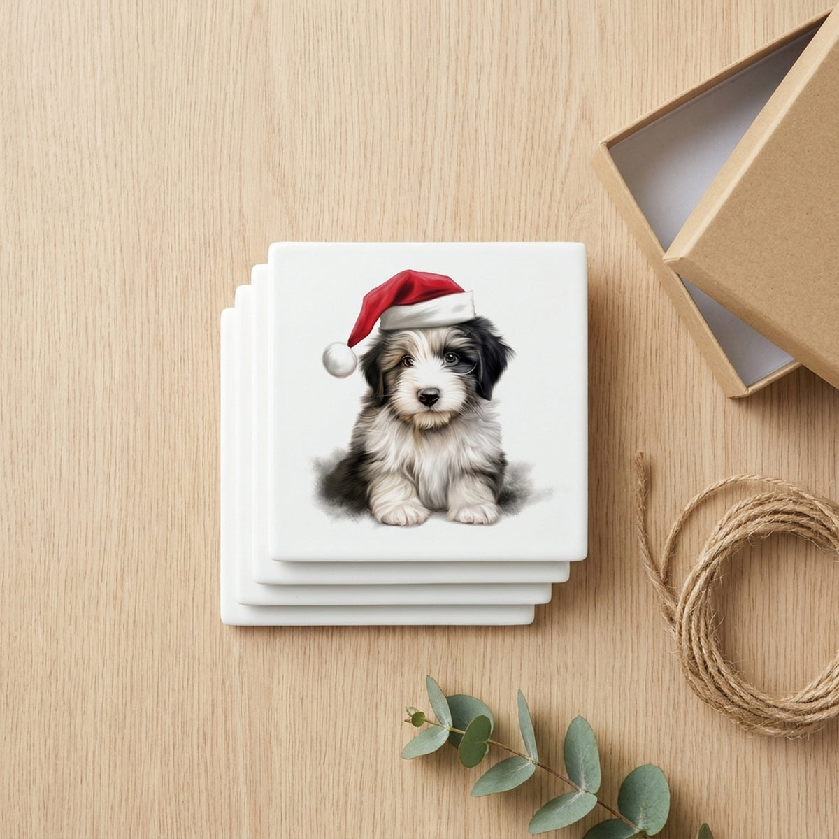 Polish Lowland Sheepdog Puppy Drawing ceramic coasters set of 4, gift set