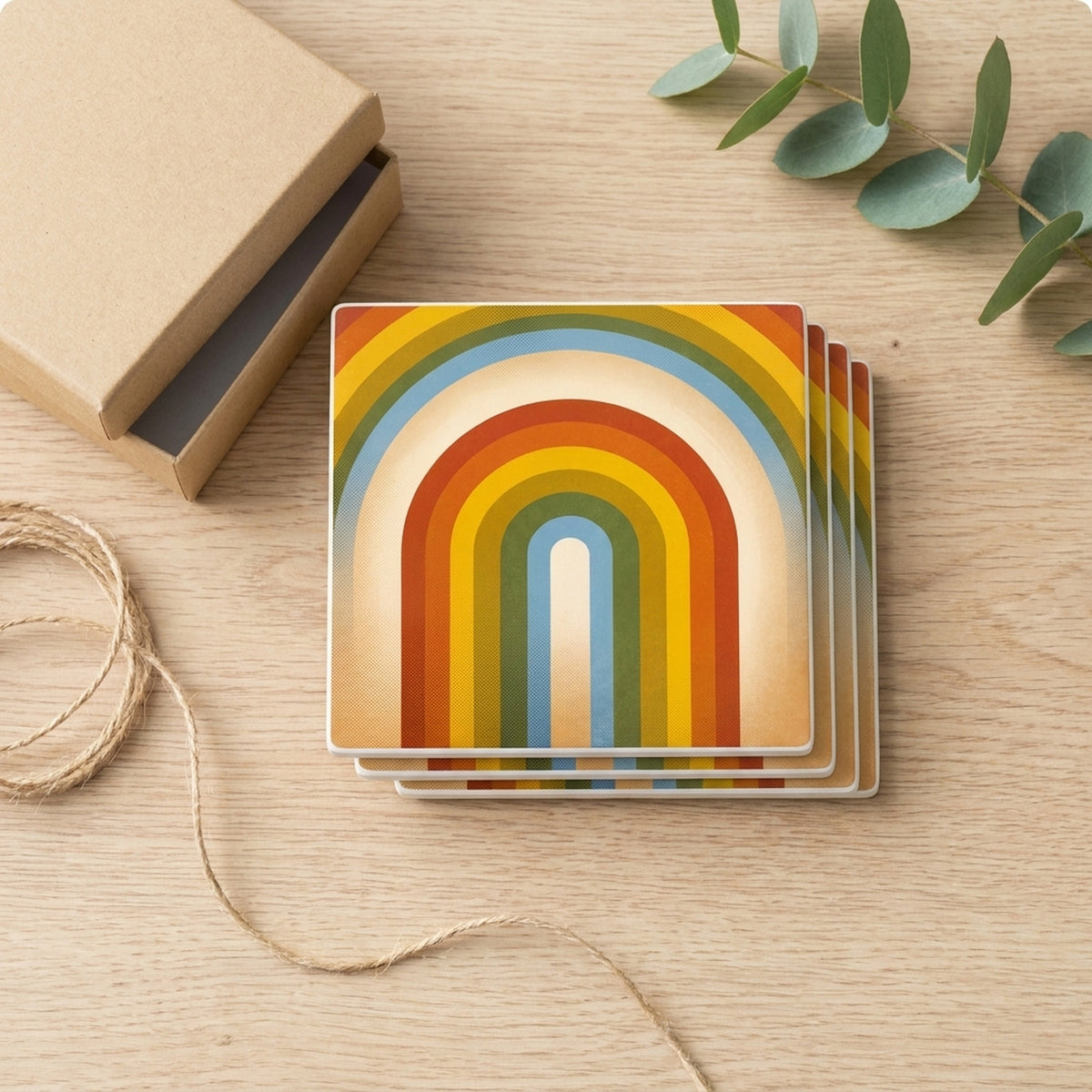Retro Rainbow Stripes ceramic coasters set of 4, gift set