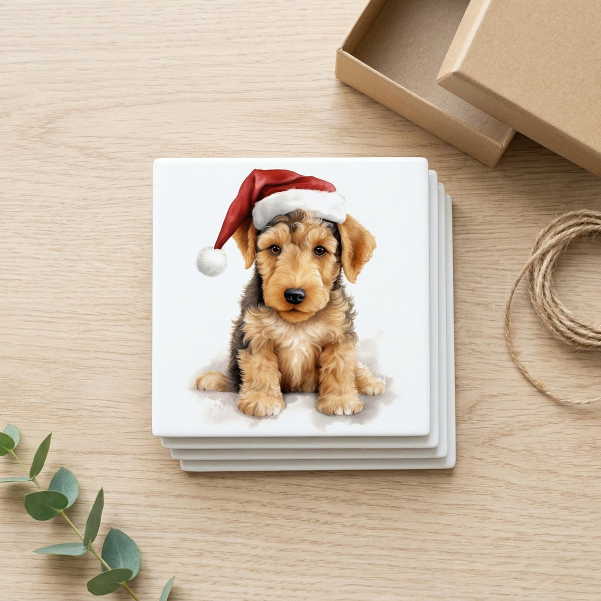 Airedale Terrier Puppy Drawing ceramic coasters set of 4, gift set