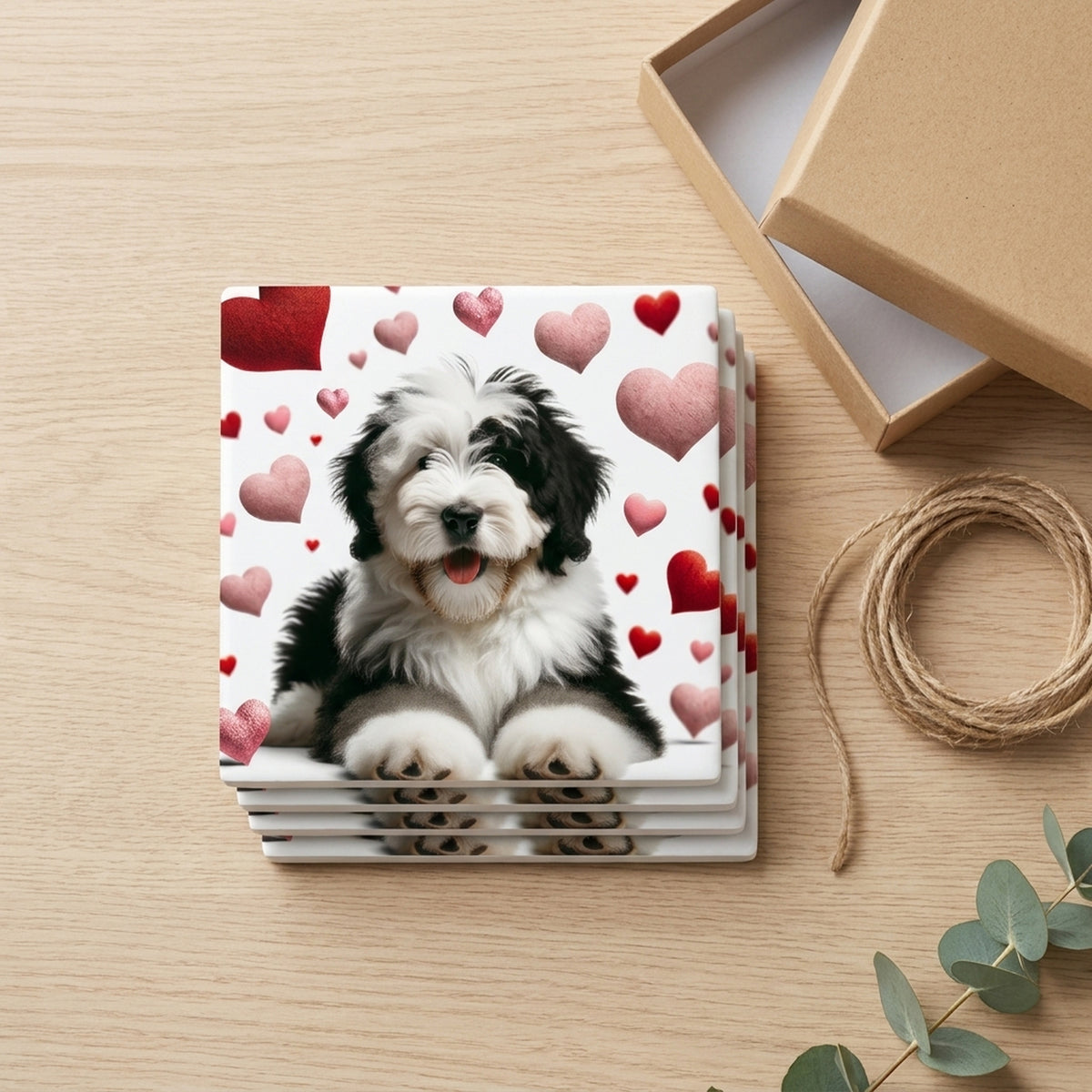 Old English Sheepdog ceramic coasters set of 4, gift set