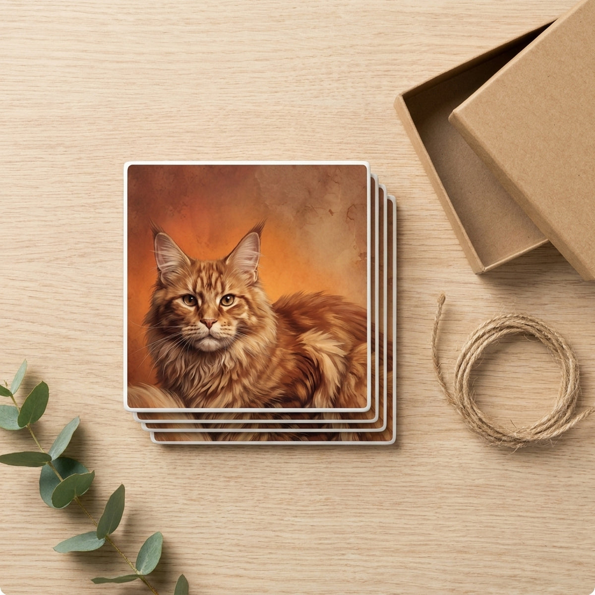 Maine Coon Cat Portrait ceramic coasters set of 4, gift set