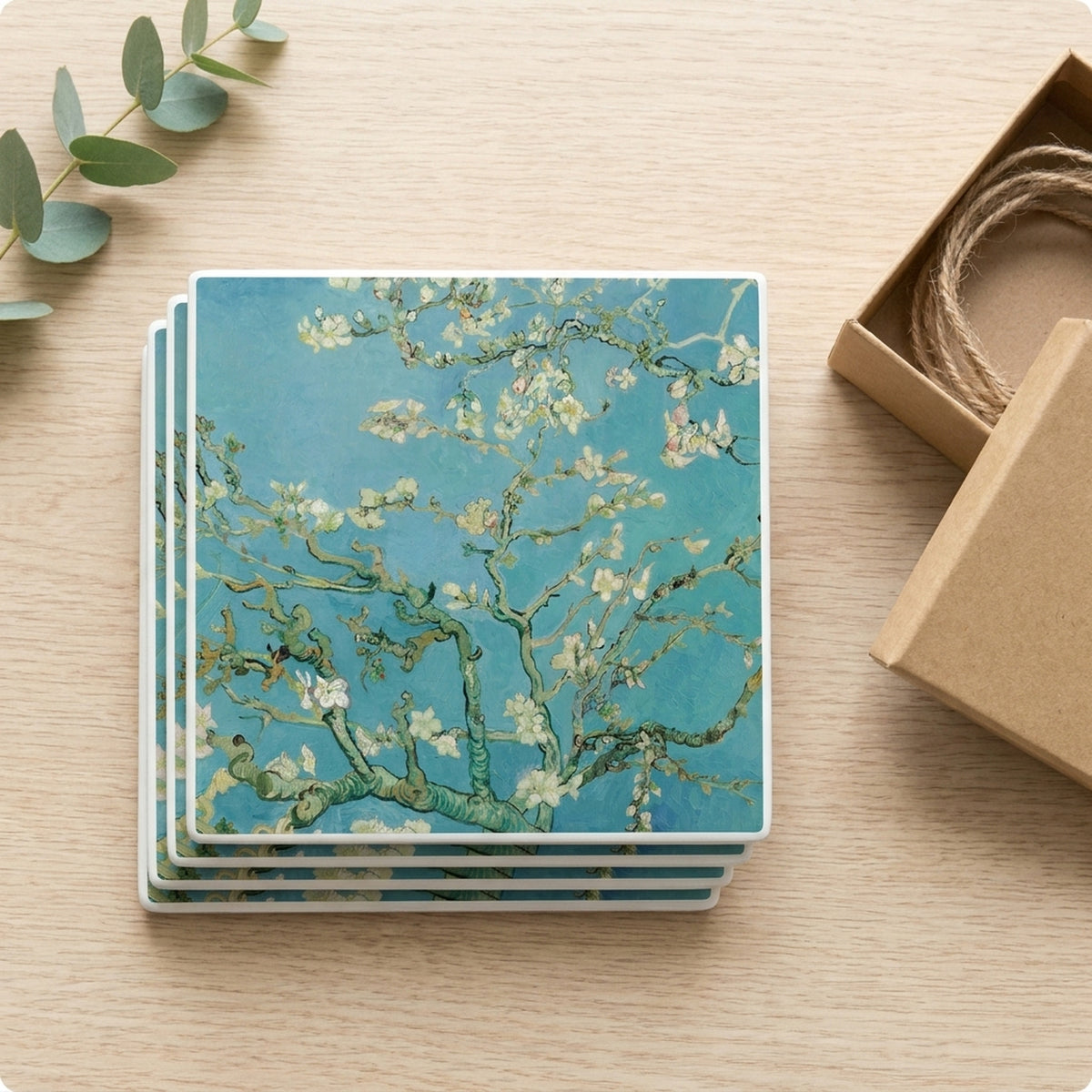 Almond Blossoms ceramic coasters set of 4, gift set