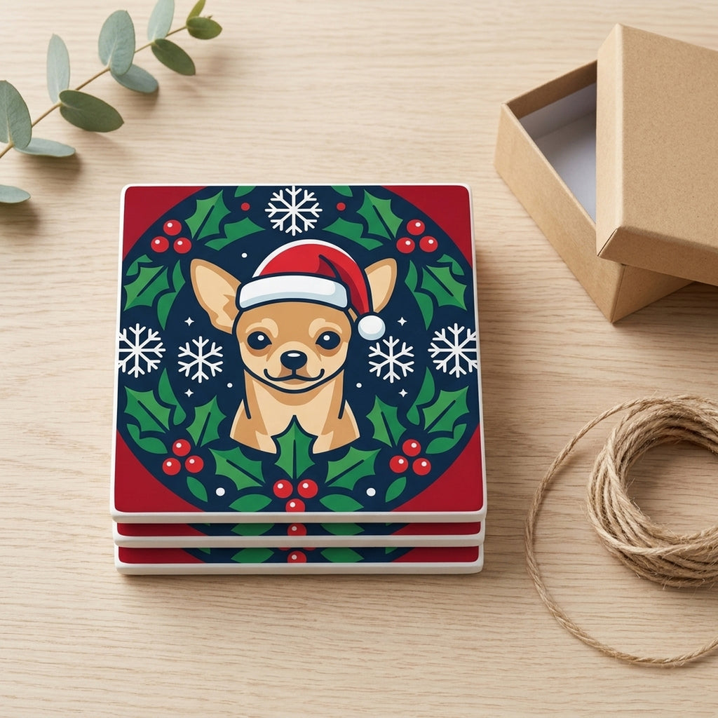 Chihuahua Christmas Ornament Art ceramic coasters set of 4, gift set