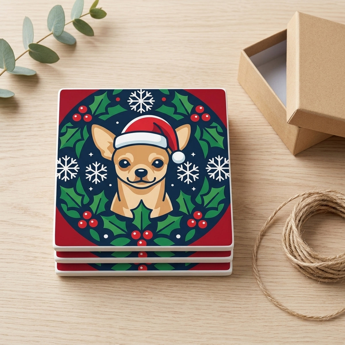 Chihuahua Christmas Ornament Art ceramic coasters set of 4, gift set