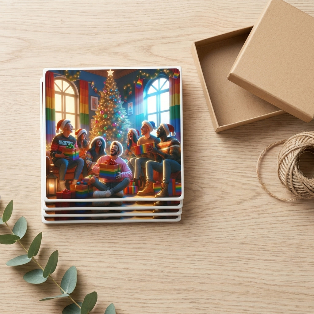 Rainbow Christmas Cheer ceramic coasters set of 4, gift set