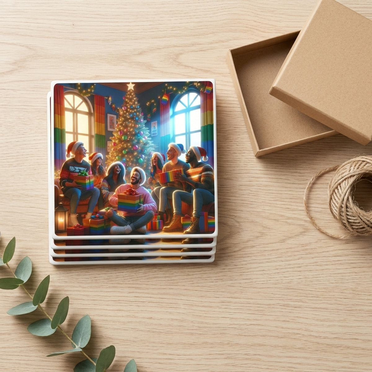 Rainbow Christmas Cheer ceramic coasters set of 4, gift set