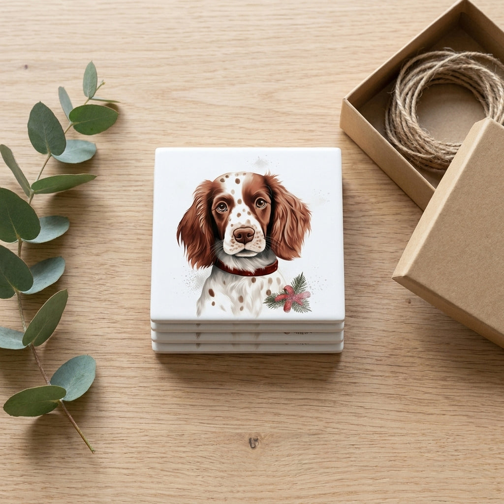 Irish Red and White Setter Puppy Drawing ceramic coasters set of 4, gift set