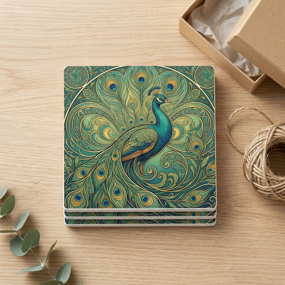 Art Nouveau Peacock ceramic coasters set of 4, gift set