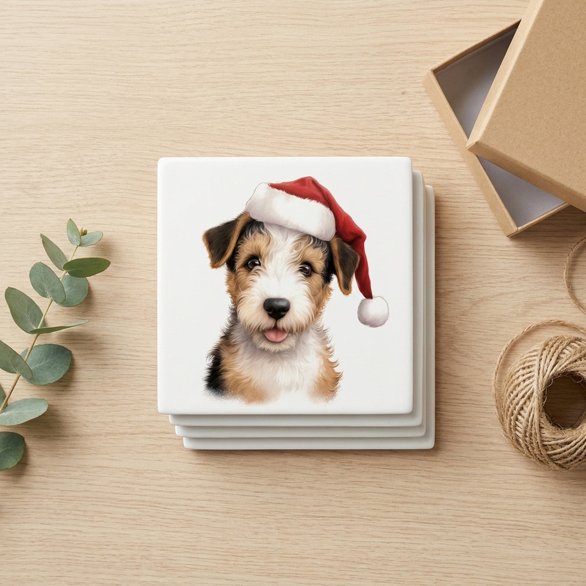 Wire Fox Terrier Puppy Drawing ceramic coasters set of 4, gift set