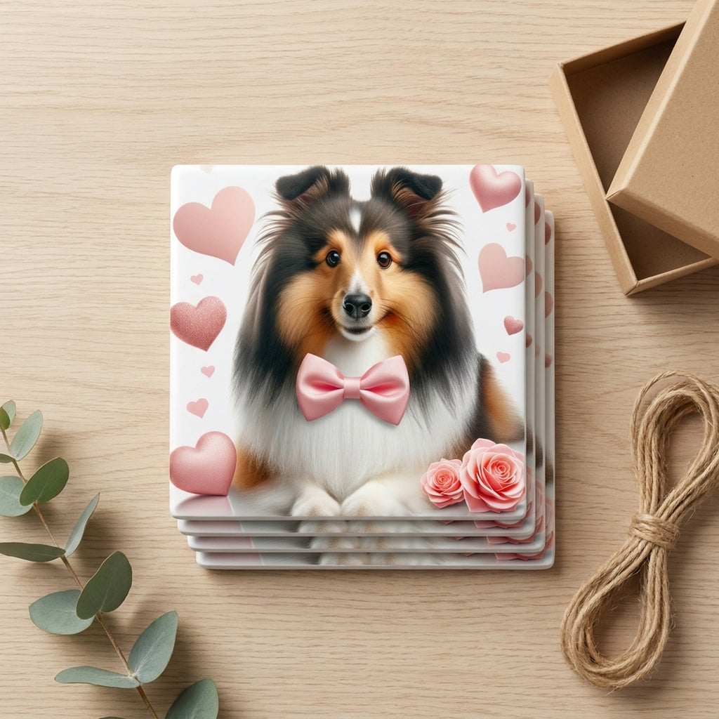 Shetland Sheepdog ceramic coasters set of 4, gift set