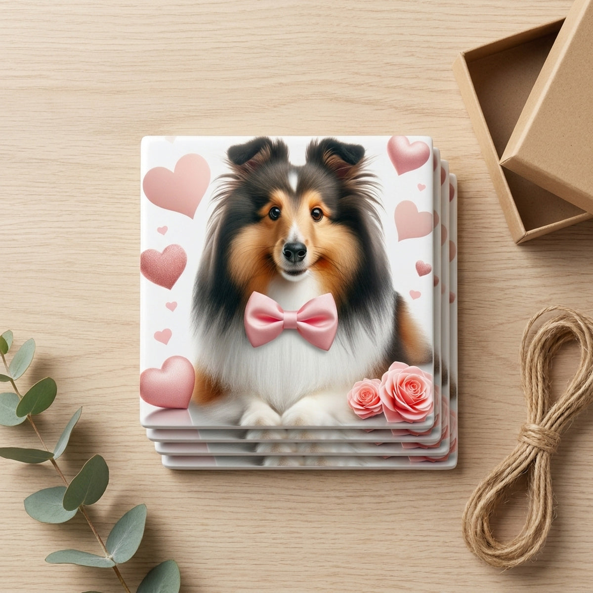 Shetland Sheepdog ceramic coasters set of 4, gift set