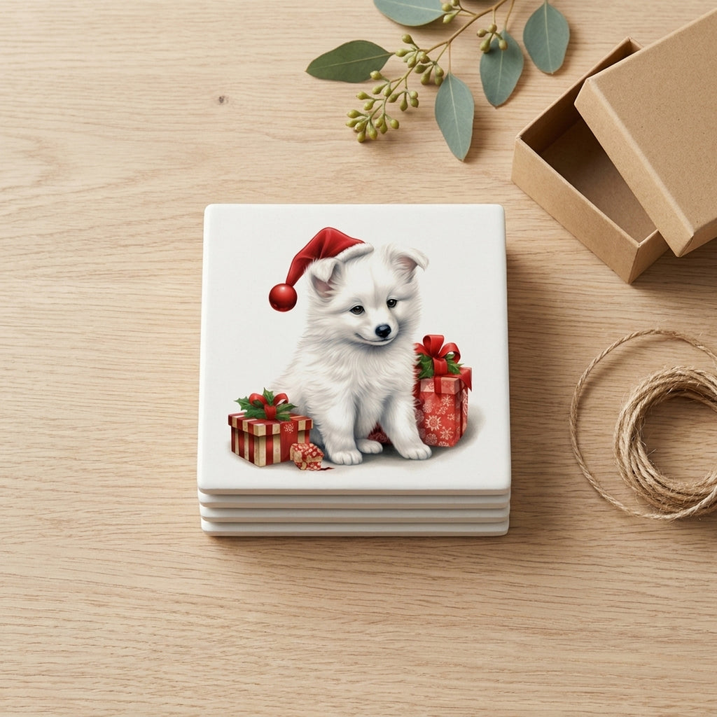 American Eskimo Dog Puppy Drawing ceramic coasters set of 4, gift set