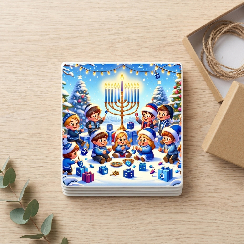 Golden Menorah Celebration ceramic coasters set of 4, gift set
