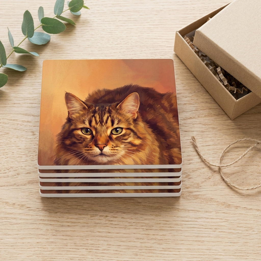 Tabby Cat Portrait ceramic coasters set of 4, gift set