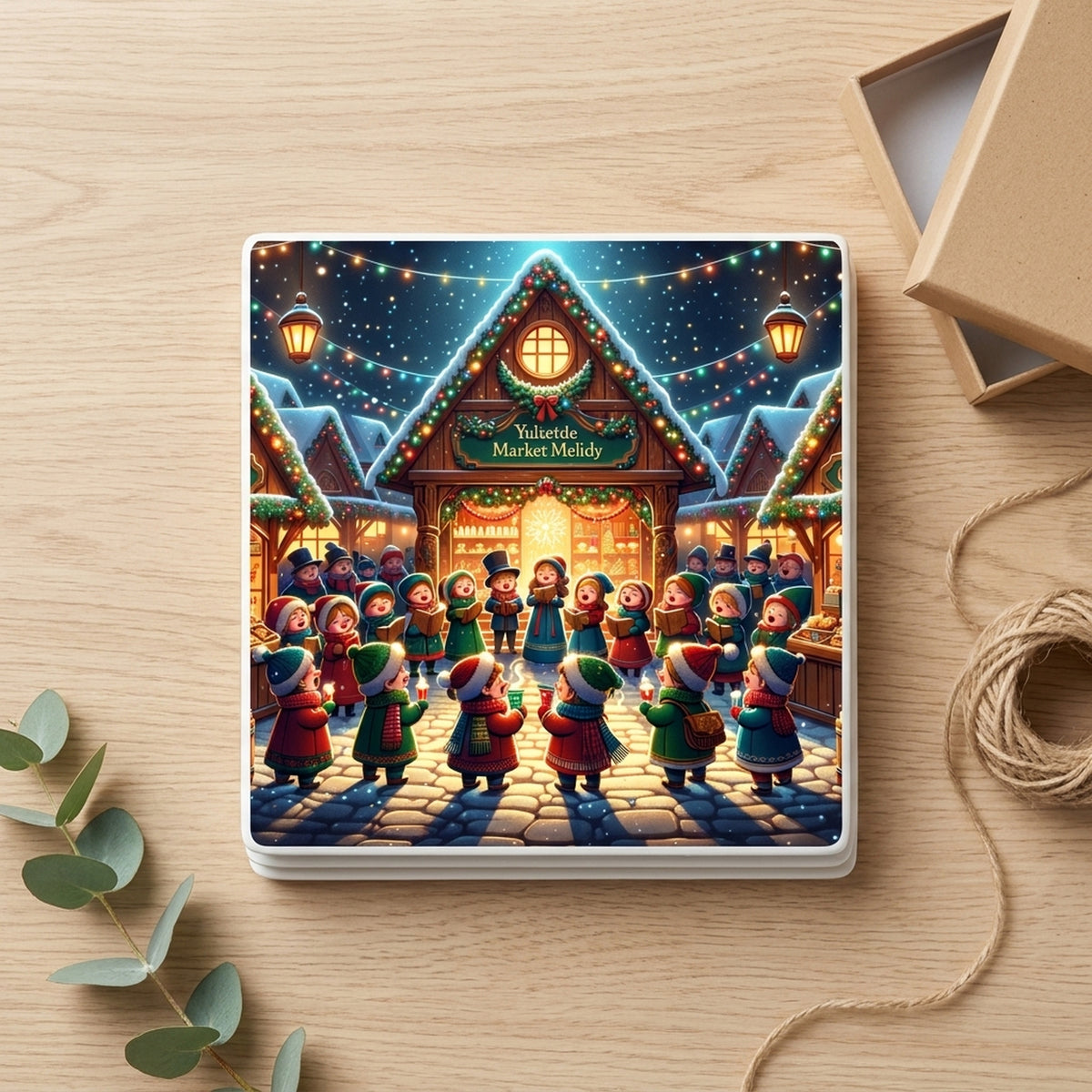 Christmas Market Carolers ceramic coasters set of 4, gift set