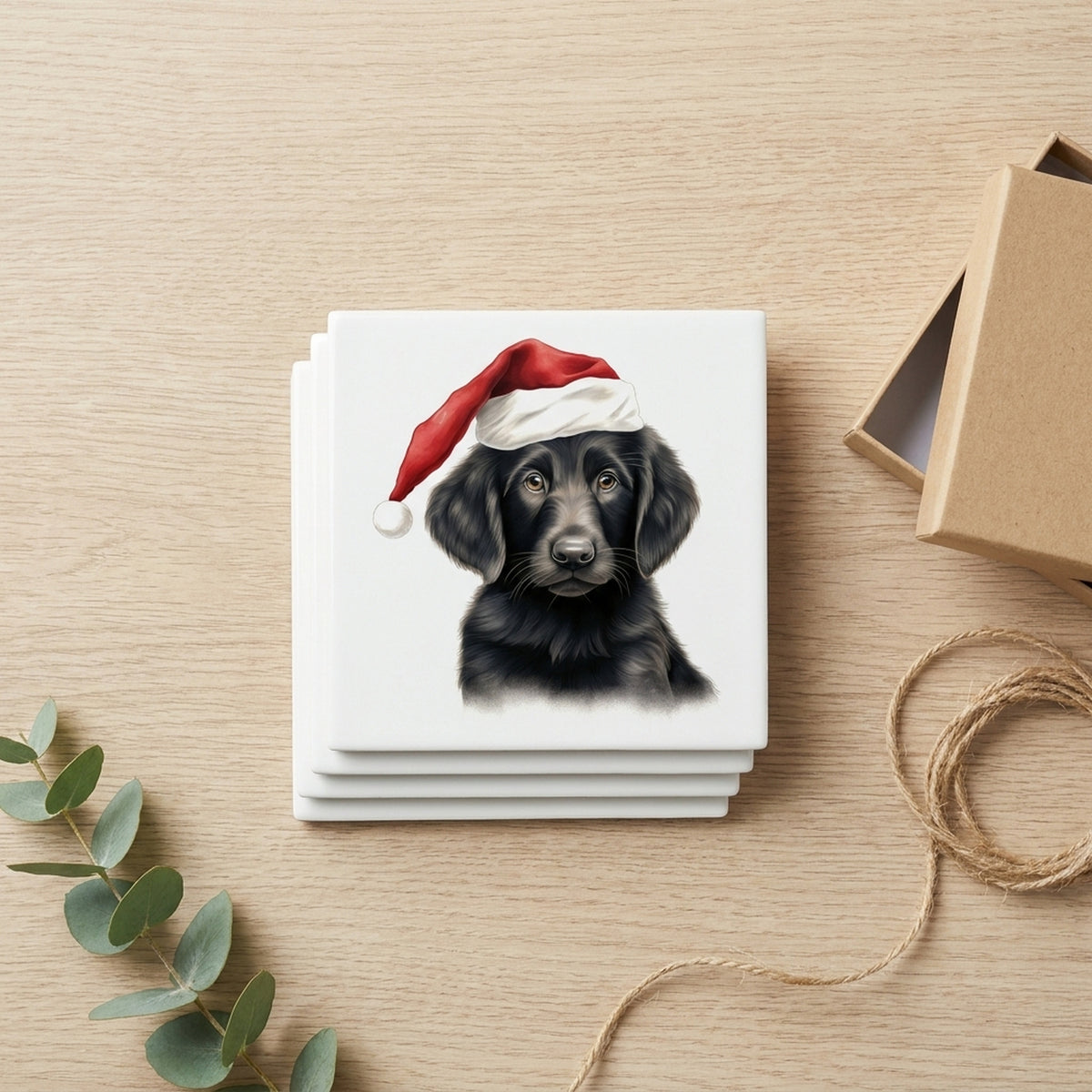 Flat-Coated Retriever Puppy Drawing ceramic coasters set of 4, gift set