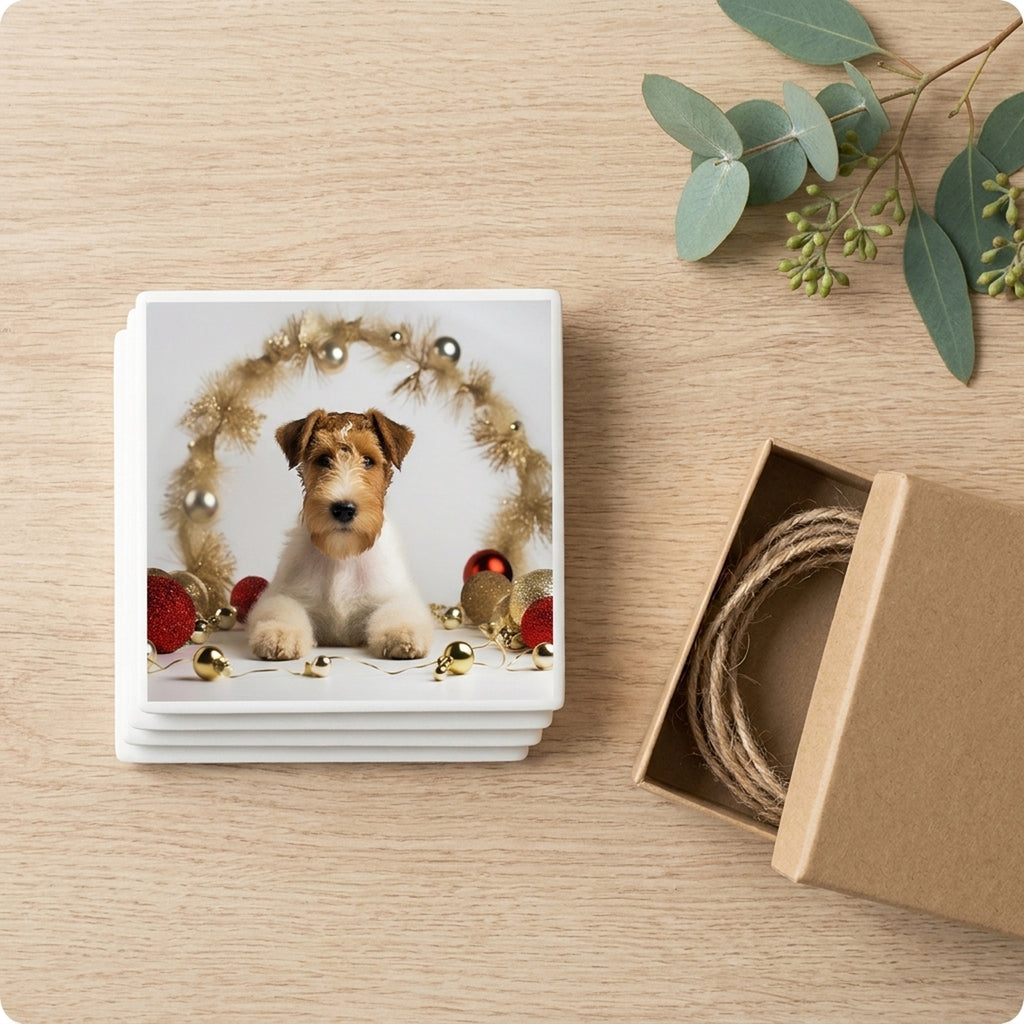 Wire Fox Terrier Puppy ceramic coasters set of 4, gift set