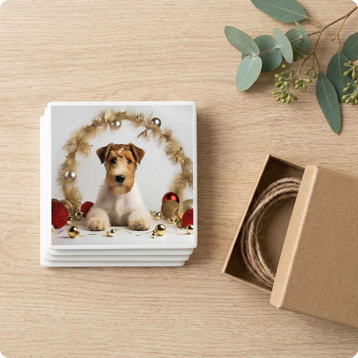 Wire Fox Terrier Puppy ceramic coasters set of 4, gift set