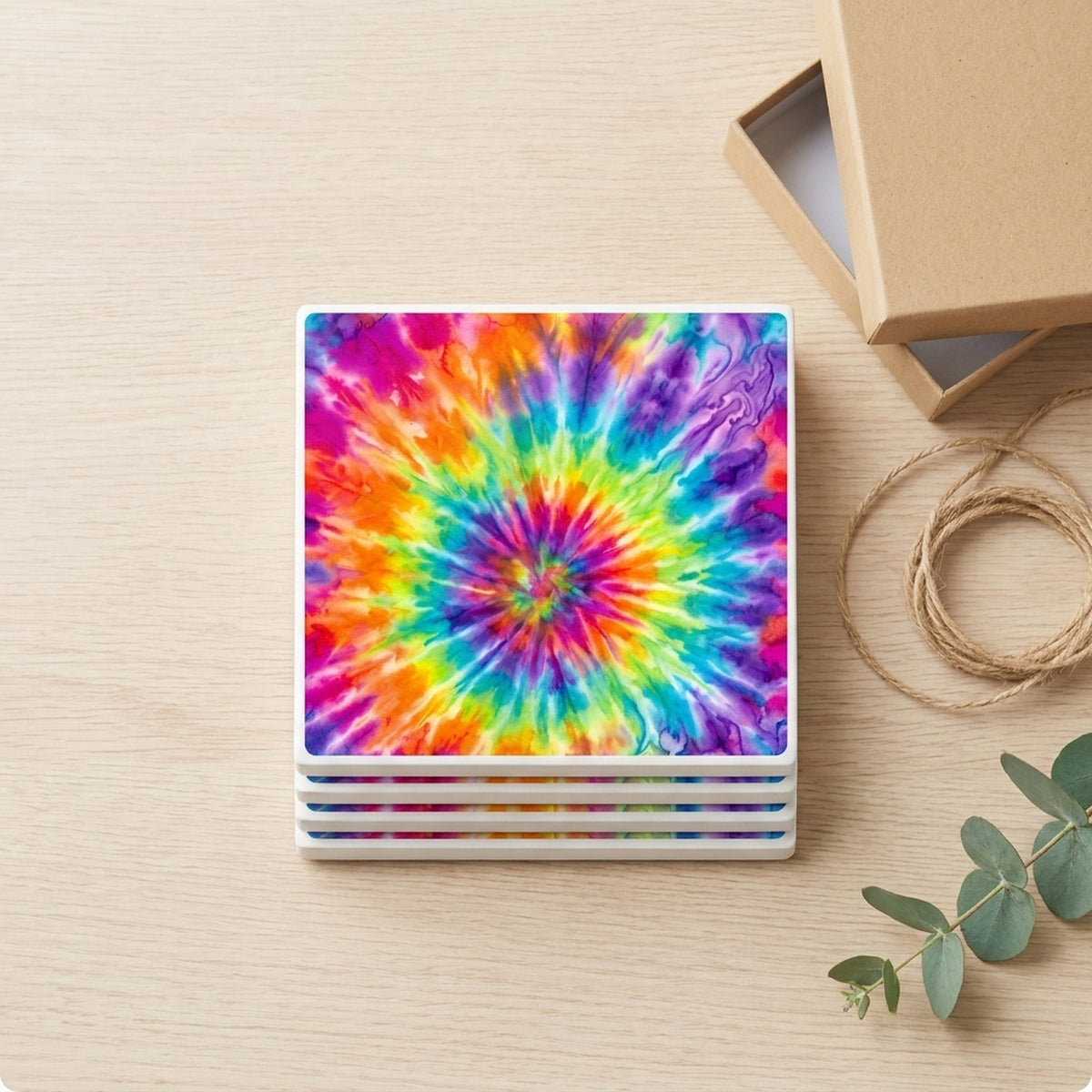 Rainbow Tie-Dye ceramic coasters set of 4, gift set