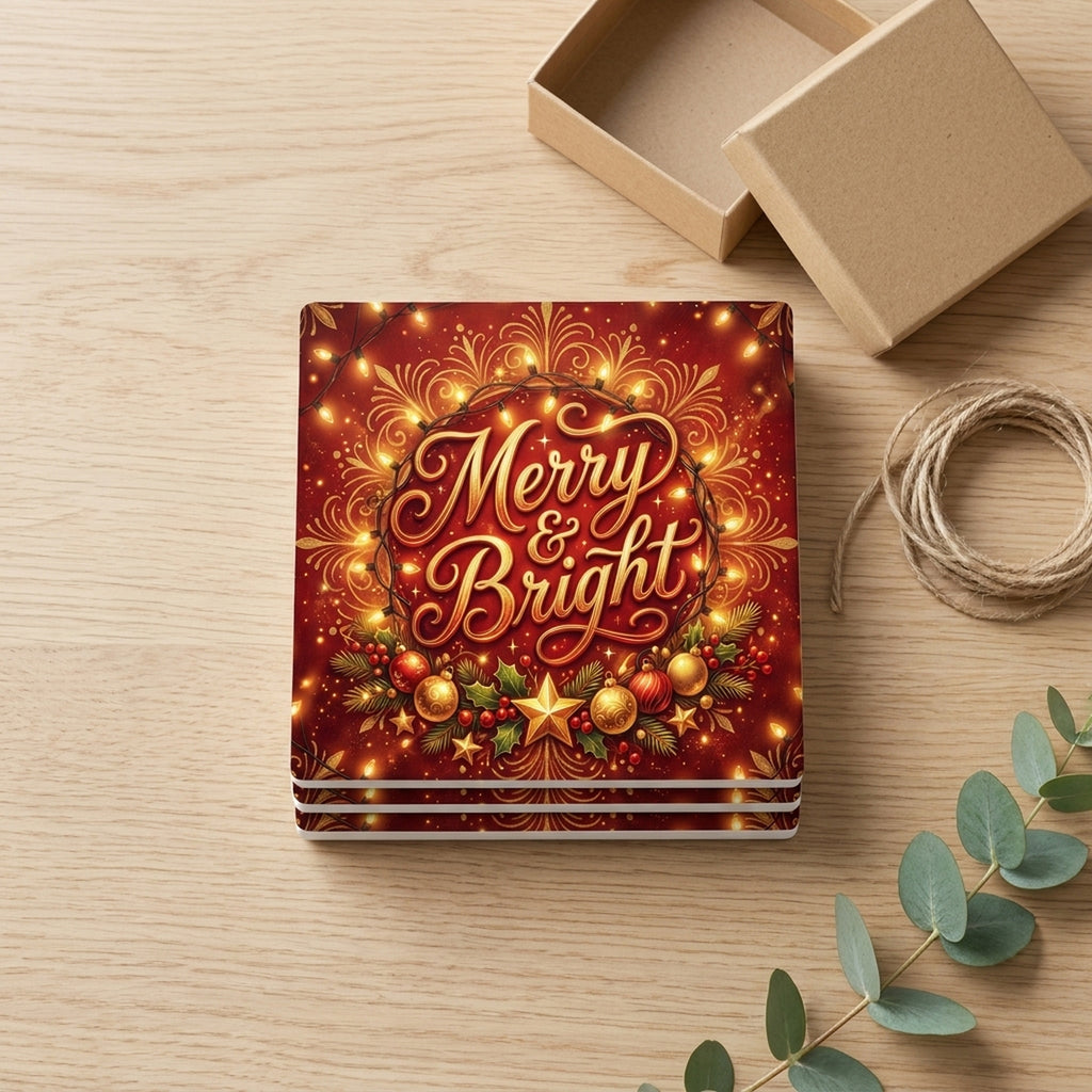 Merry & Bright ceramic coasters set of 4, gift set