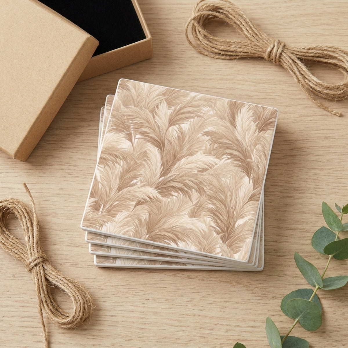 Boho Pampas ceramic coasters set of 4, gift set
