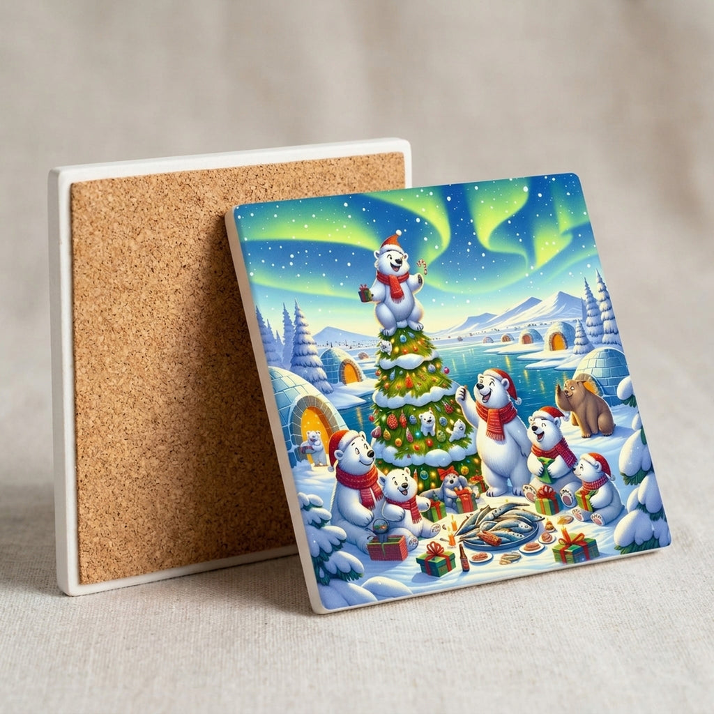 Arctic Holiday Polar Bears ceramic coasters set of 4, cork back