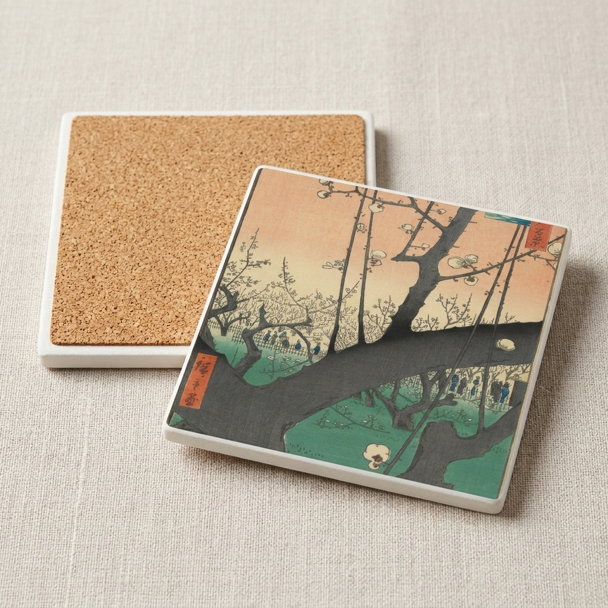 Hokusai Plum Blossom ceramic coasters set of 4, cork back