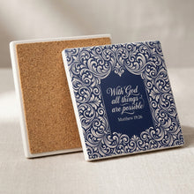 Matthew 19:26 ceramic coasters set of 4, cork back