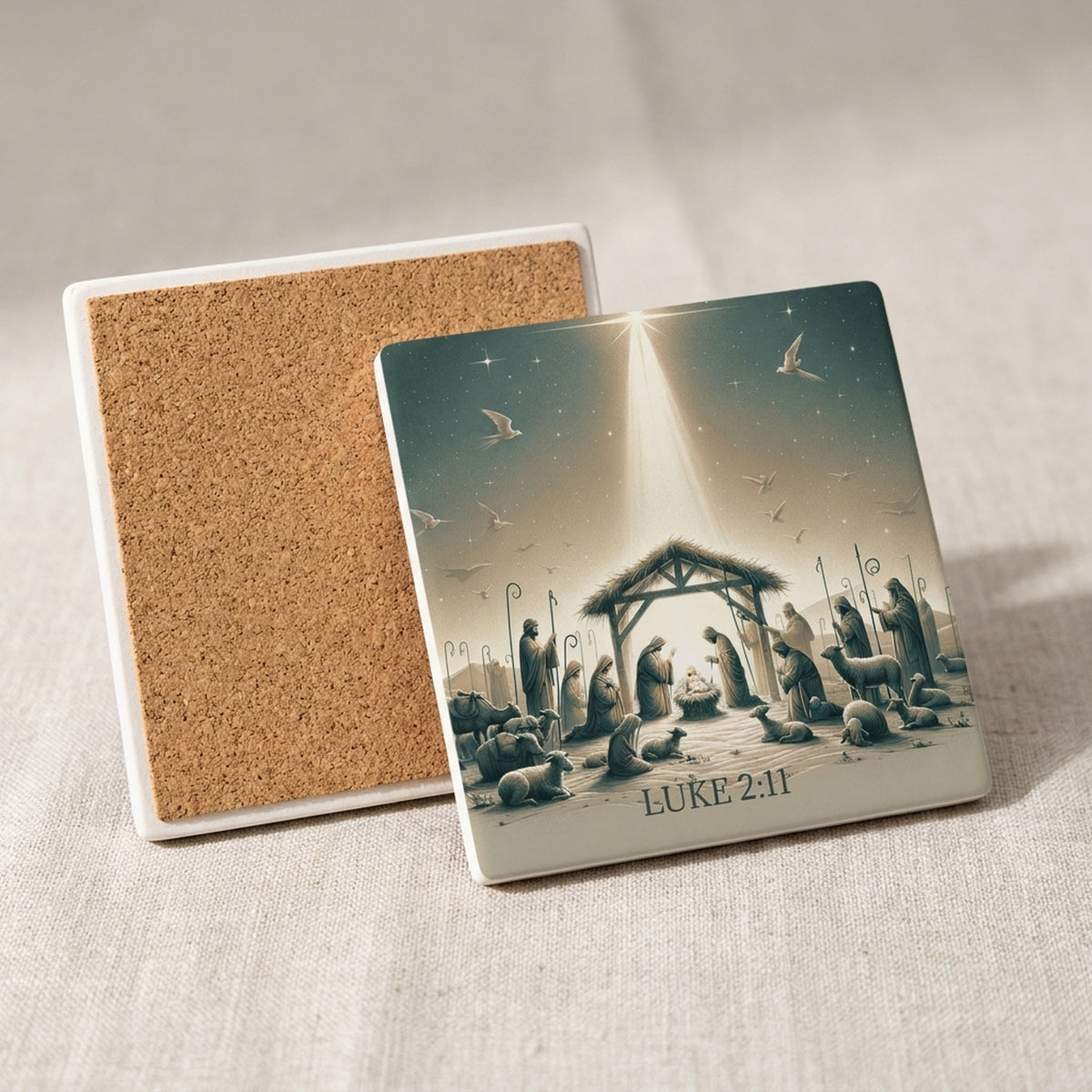Golden Star Nativity ceramic coasters set of 4, cork back